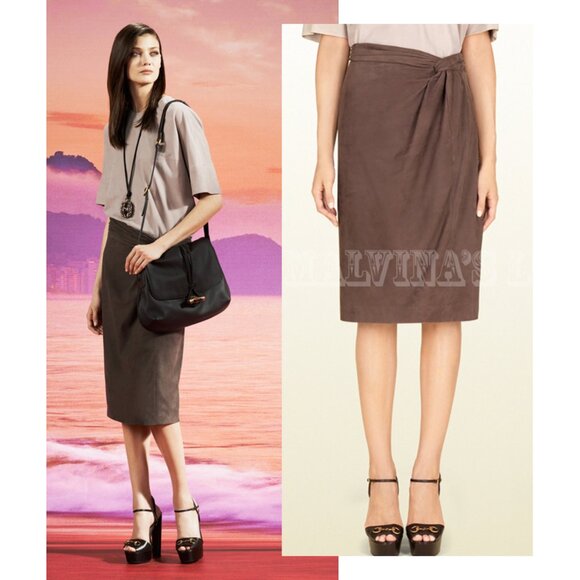 GUCCI SKIRT BROWN SUEDE LEATHER FRONT KNOT DETAIL sz IT 44 US 8